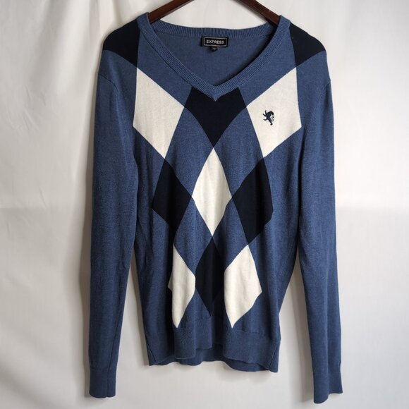 Express Men's Blue/Navy/White V-Neck Diamond/Argyle Sweater, Small - Picture 1 of 6